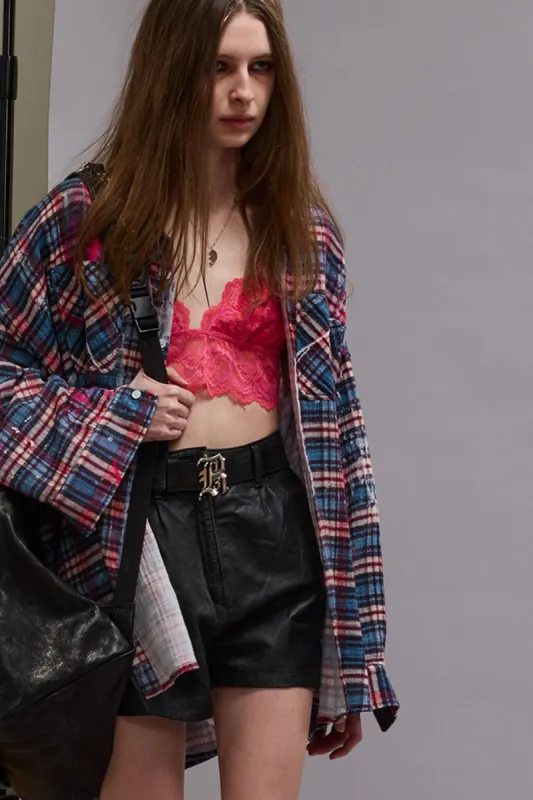 DROP NECK WORKSHIRT - BLUE PLAID WITH PAINT DRIPS sold by R13