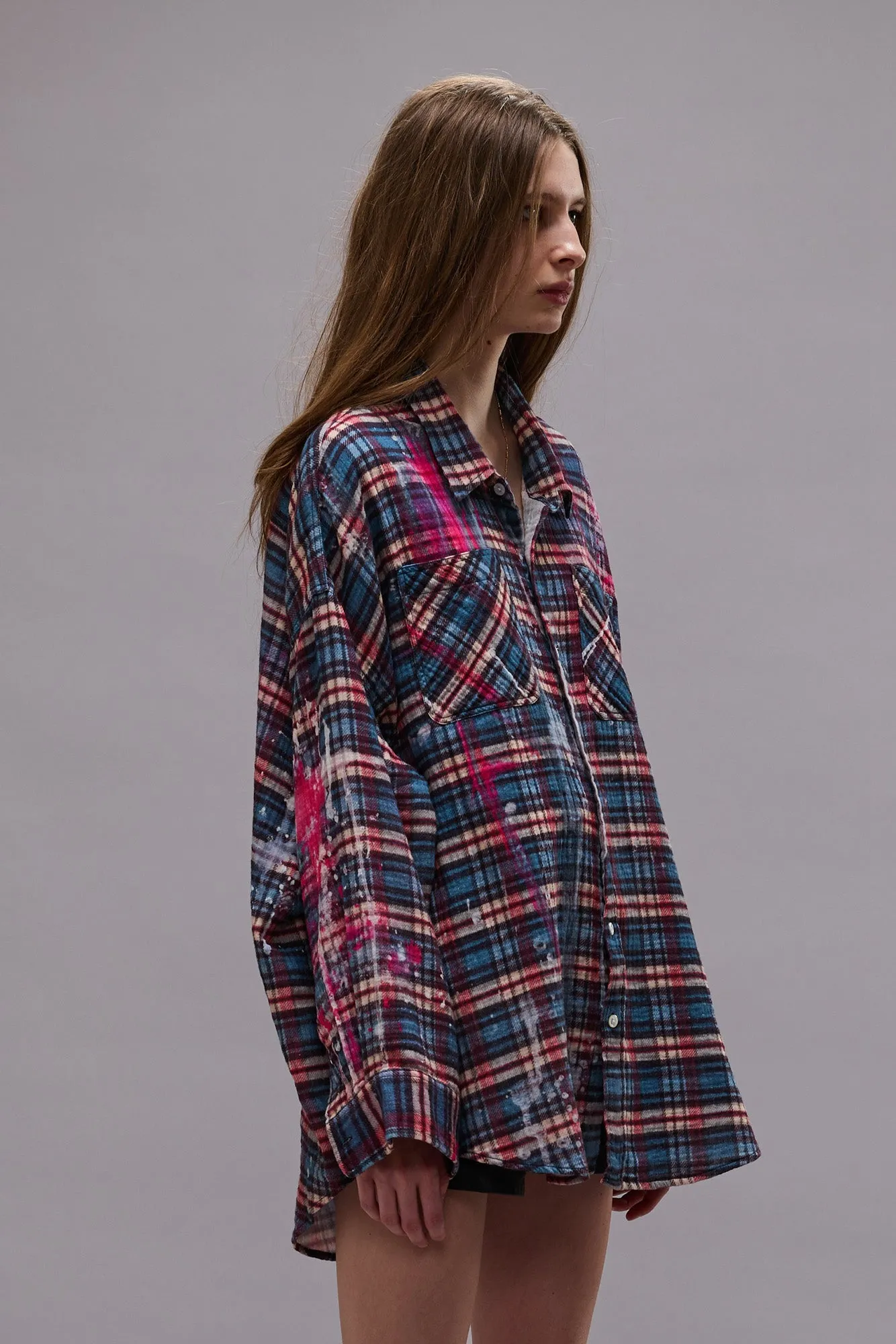 DROP NECK WORKSHIRT - BLUE PLAID WITH PAINT DRIPS sold by R13 product image thumbnail 4