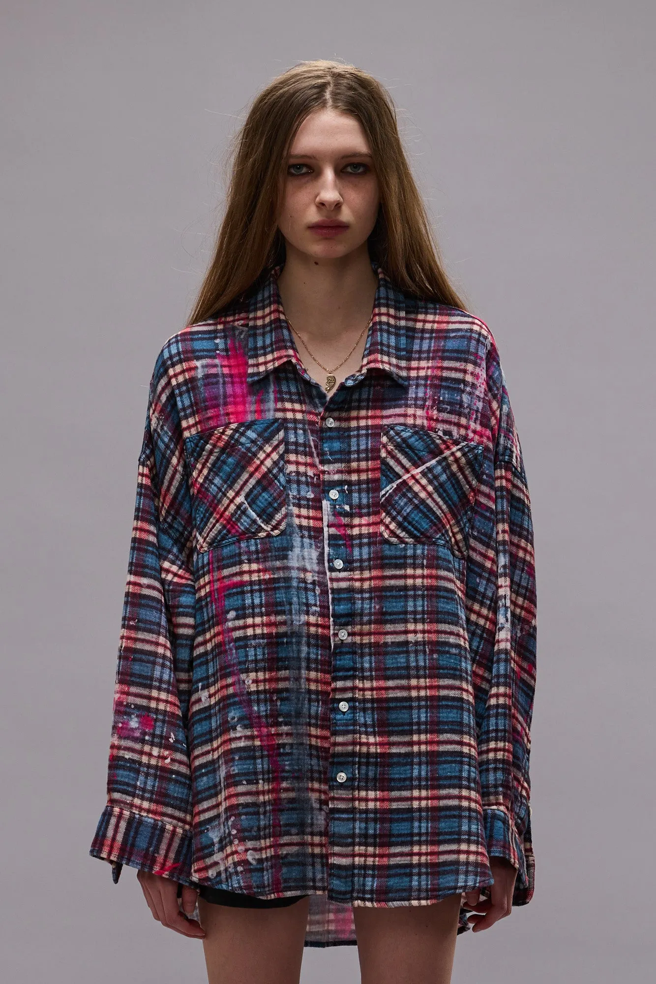 DROP NECK WORKSHIRT - BLUE PLAID WITH PAINT DRIPS sold by R13 product image thumbnail 3