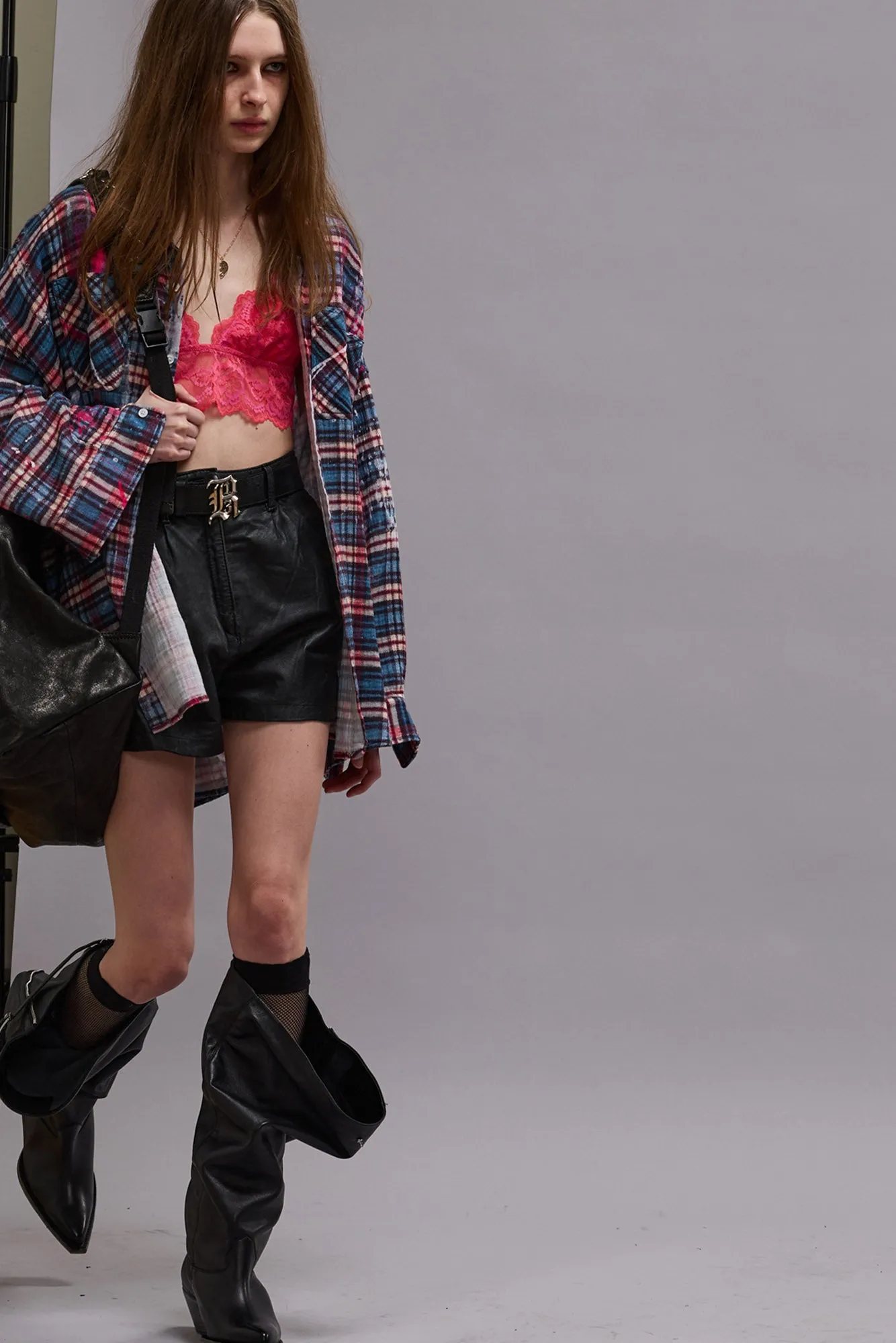 DROP NECK WORKSHIRT - BLUE PLAID WITH PAINT DRIPS sold by R13 product image thumbnail 2