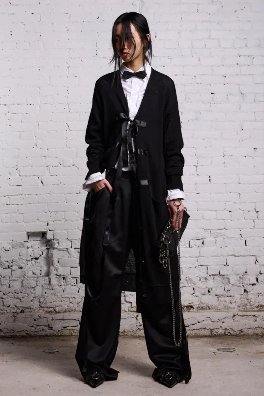 TAPE TIE LONG CARDIGAN - BLACK AND SATIN sold by R13