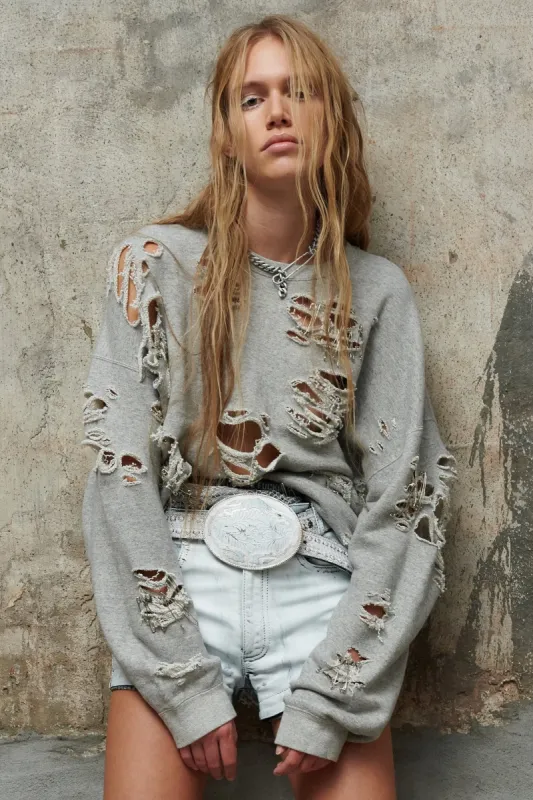 DISTRESSED CREWNECK - HEATHER GREY sold by R13