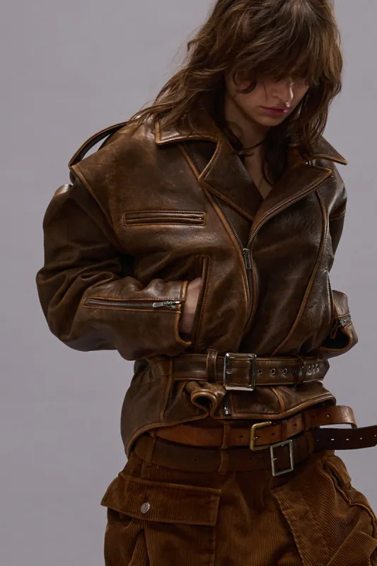 EXAGGERATED SHOULDER MOTORCYCLE JACKET - BROWN LEATHER sold by R13