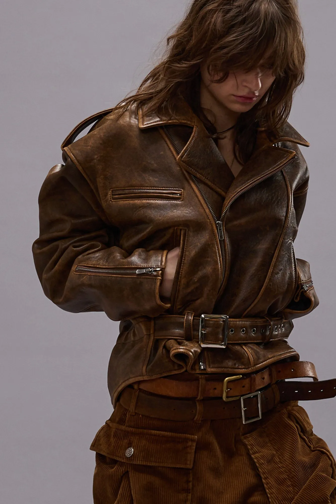 EXAGGERATED SHOULDER MOTORCYCLE JACKET - BROWN LEATHER sold by R13