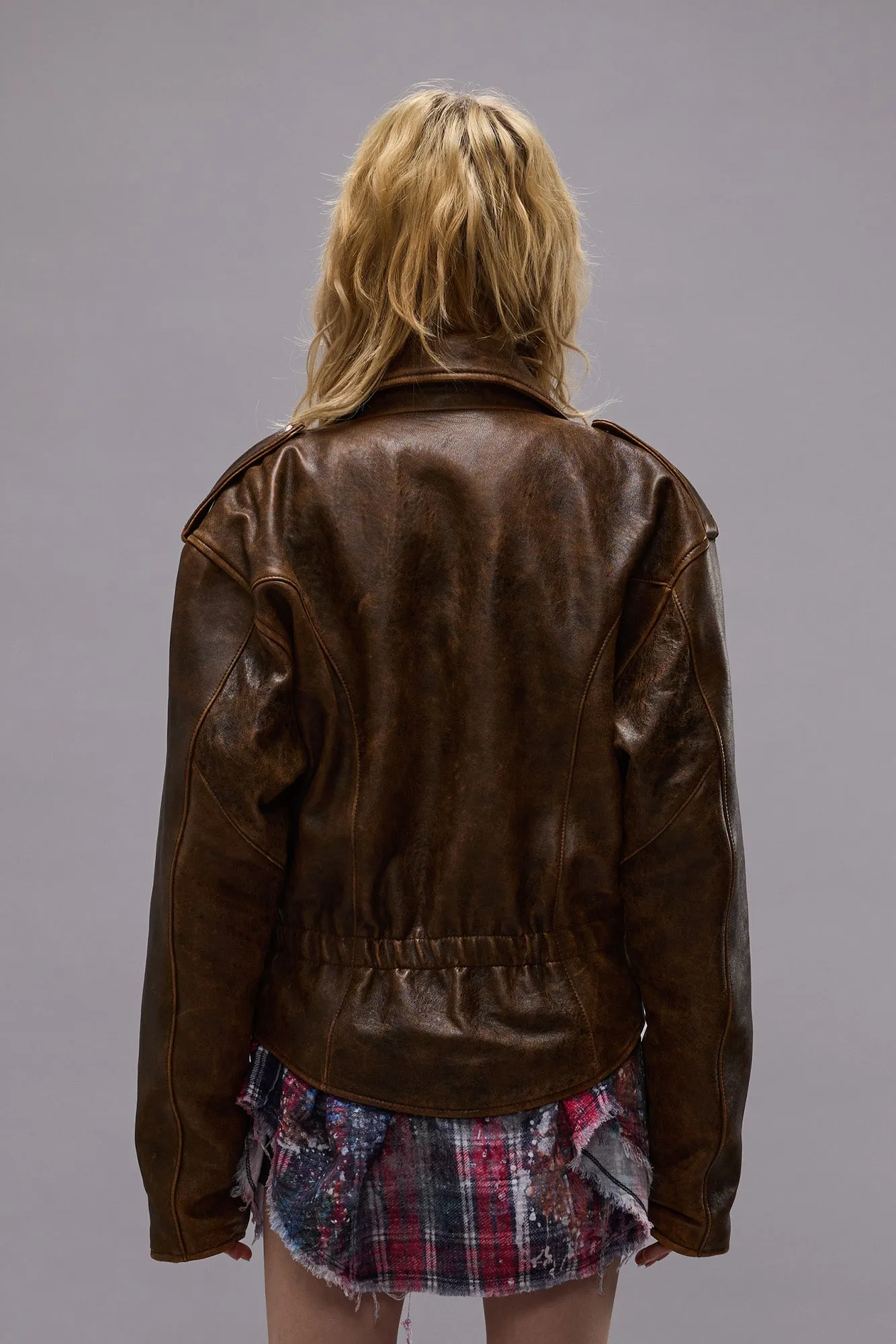 EXAGGERATED SHOULDER MOTORCYCLE JACKET - BROWN LEATHER sold by R13 product image thumbnail 4