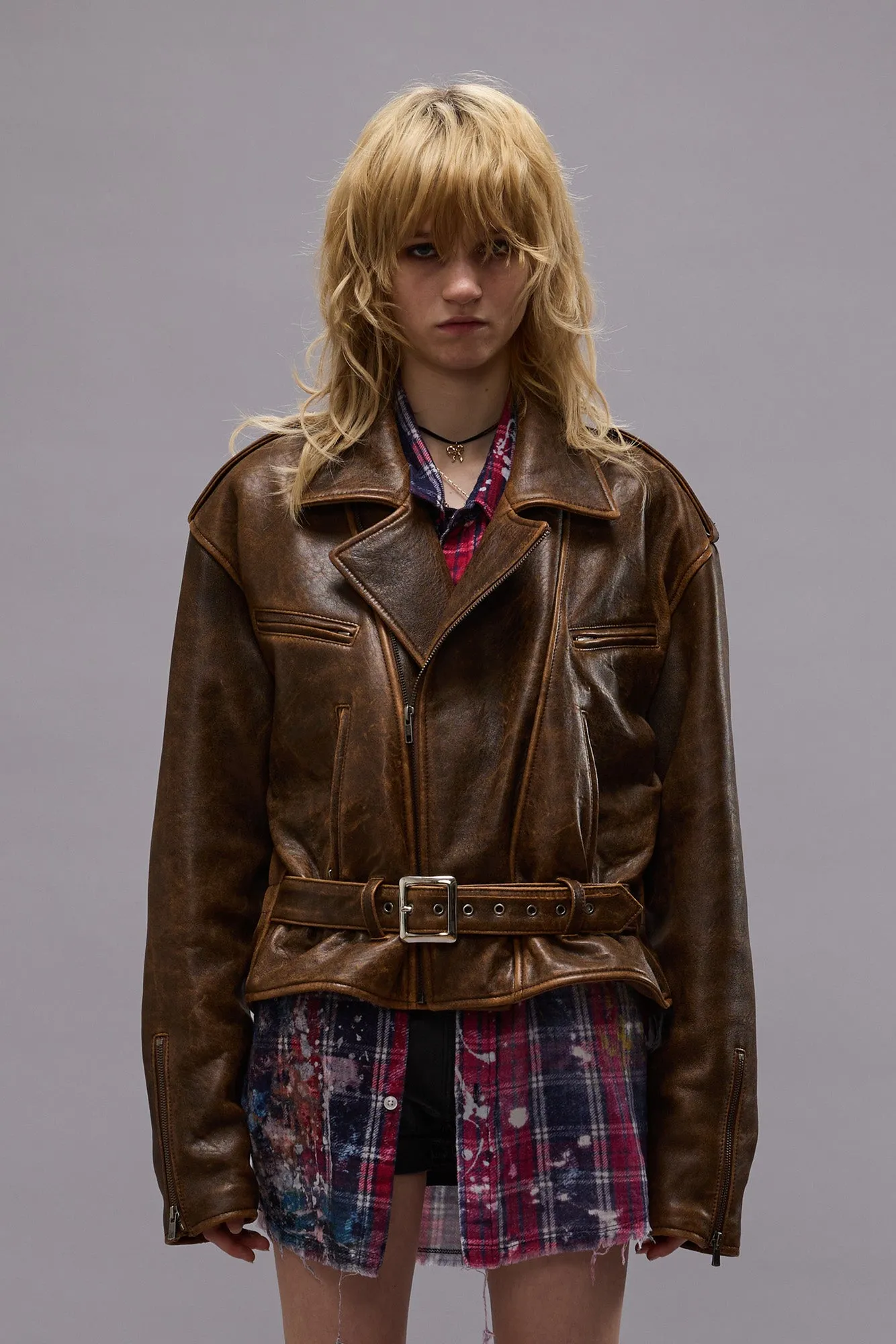 EXAGGERATED SHOULDER MOTORCYCLE JACKET - BROWN LEATHER sold by R13 product image thumbnail 3
