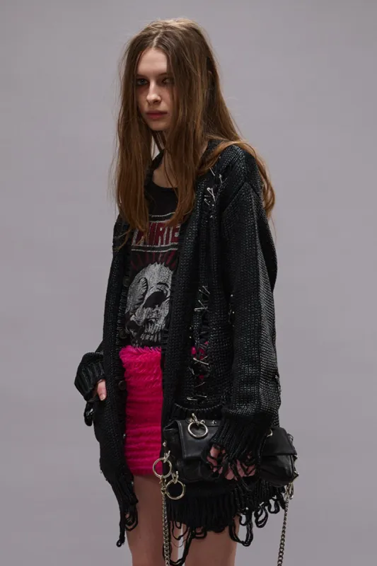 DISTRESSED BOYFRIEND CARDIGAN - COATED BLACK sold by R13