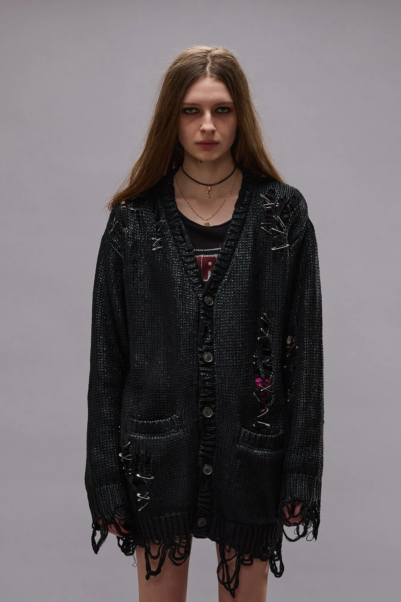 DISTRESSED BOYFRIEND CARDIGAN - COATED BLACK sold by R13 product image thumbnail 3