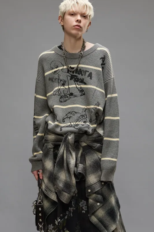 STRIPED BOYFRIEND SWEATER - HEATHER GREY sold by R13