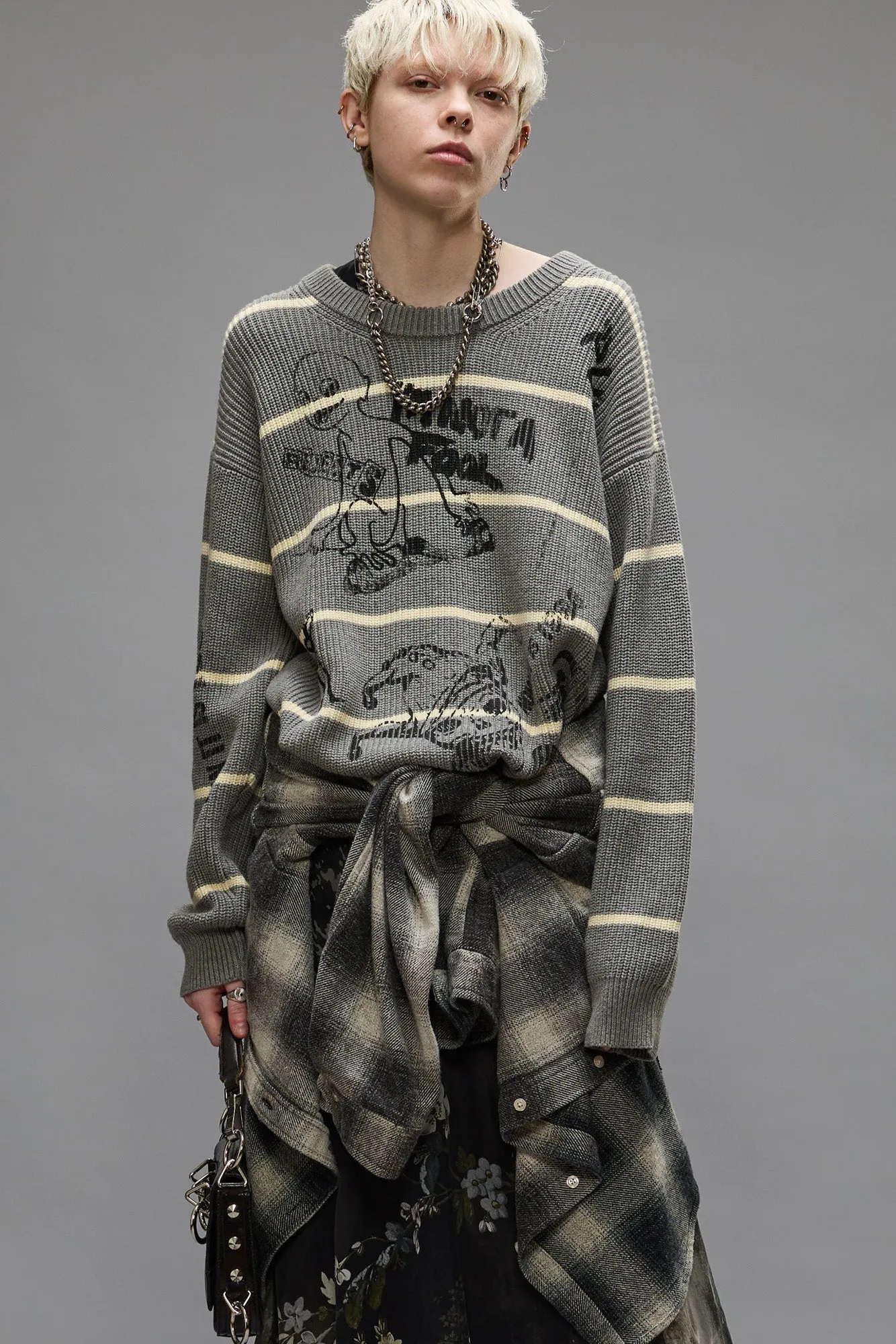 STRIPED BOYFRIEND SWEATER - HEATHER GREY sold by R13