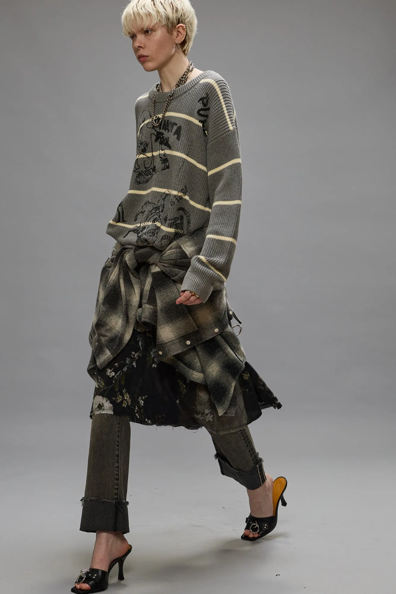 STRIPED BOYFRIEND SWEATER - HEATHER GREY sold by R13 product image thumbnail 2