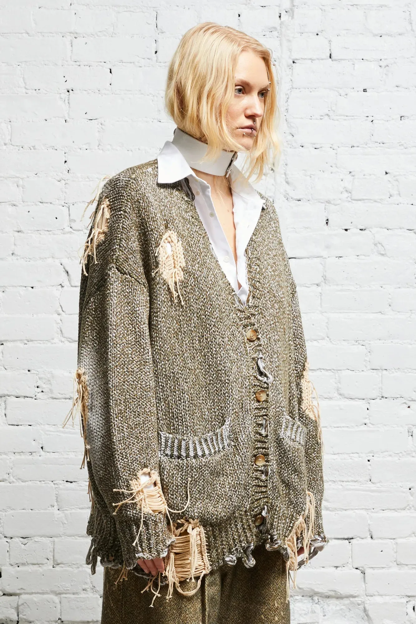 DISTRESSED JUMBO CARDIGAN - PRINTED TWEED sold by R13 product image thumbnail 3