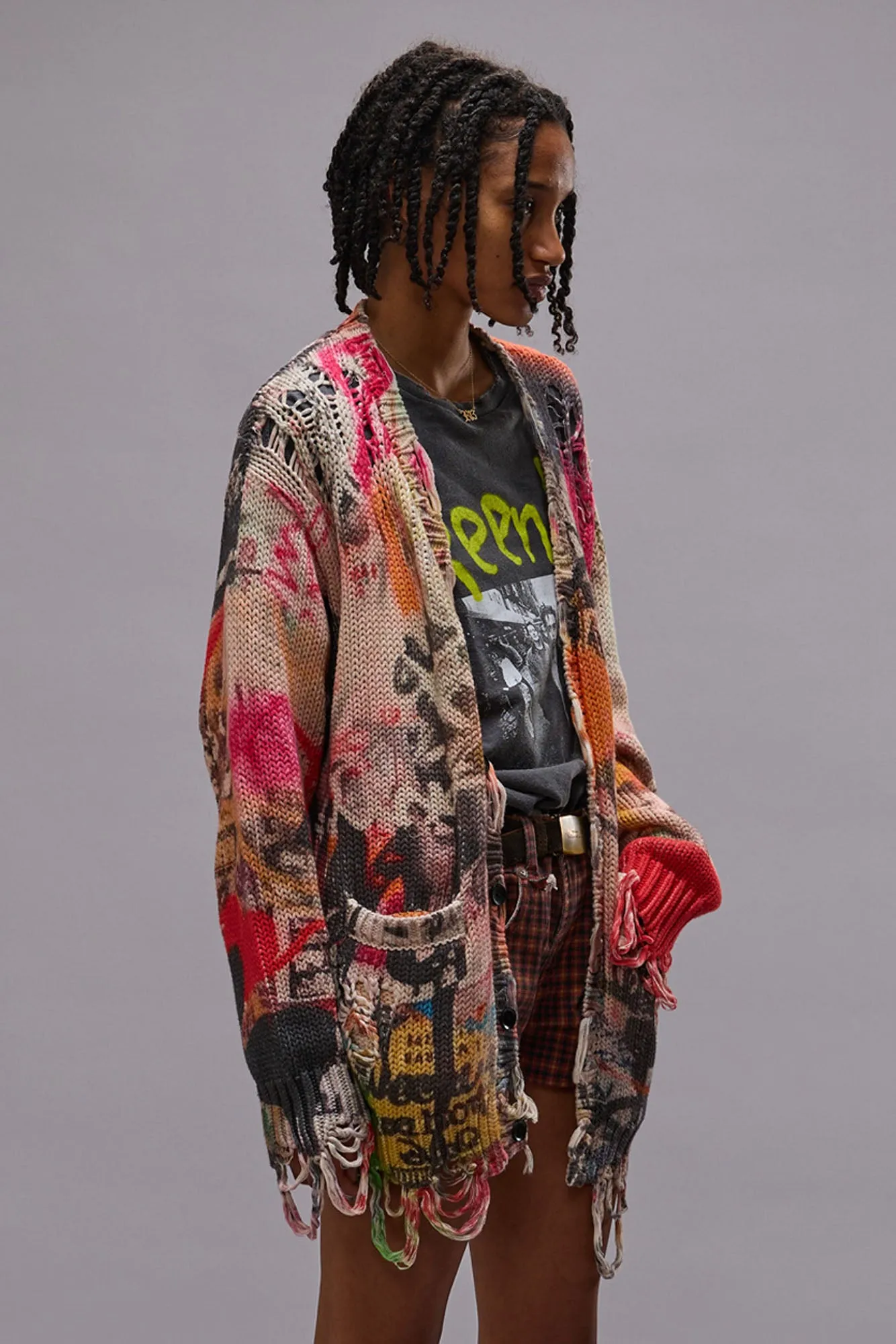 PRINTED BOYFRIEND CARDIGAN - HEART GRAFFITI PRINT sold by R13