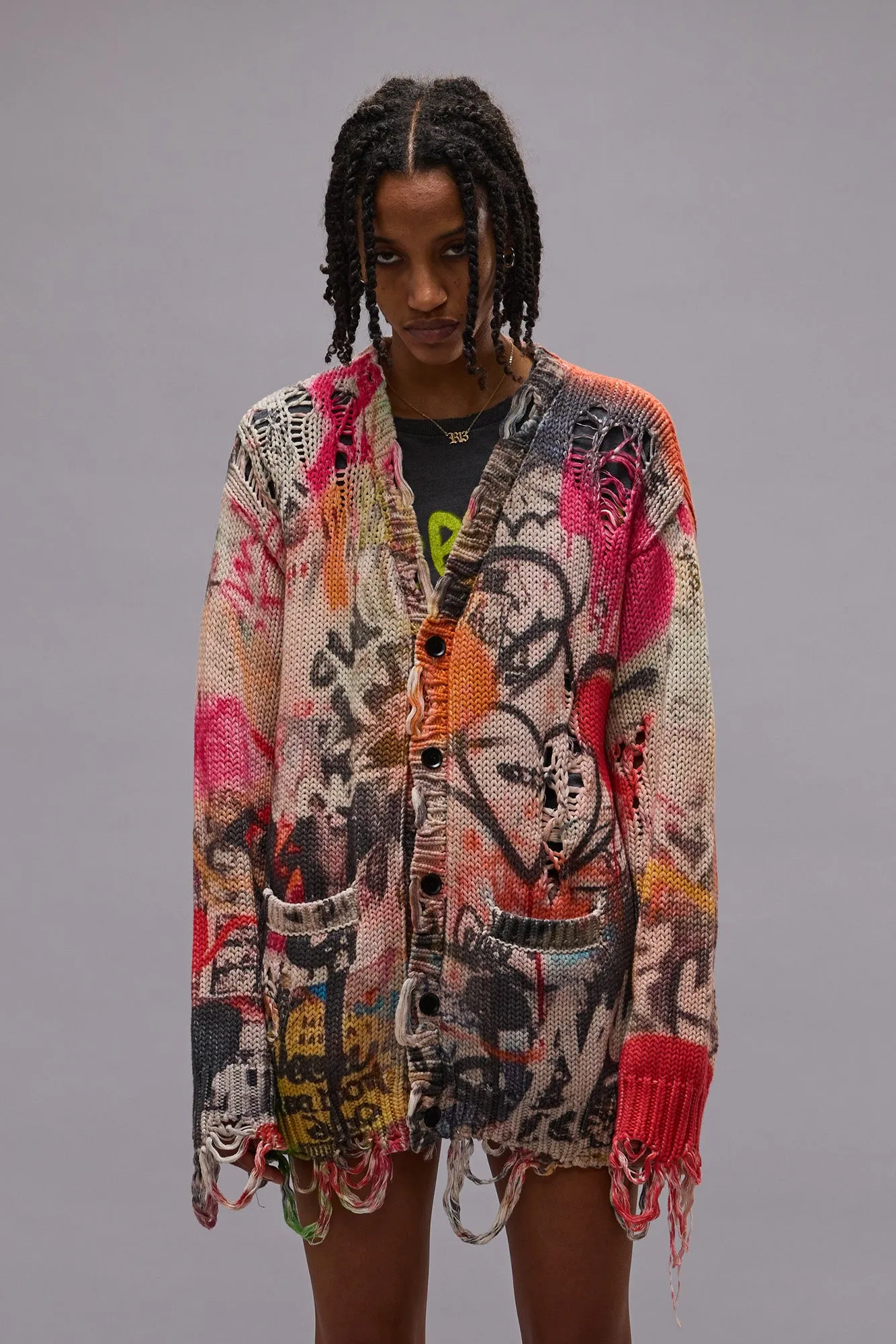 PRINTED BOYFRIEND CARDIGAN - HEART GRAFFITI PRINT sold by R13 product image thumbnail 3