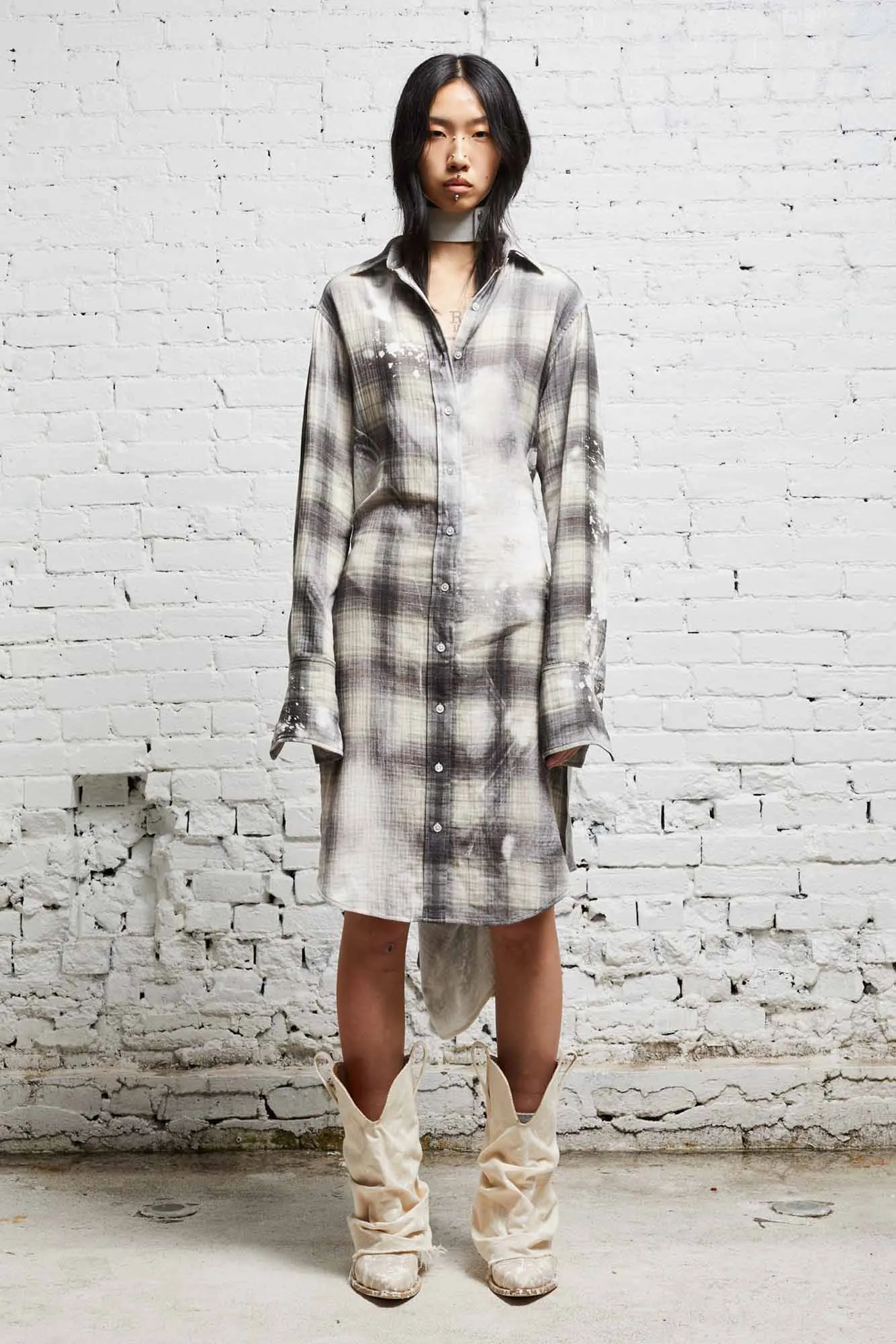 TIE SHIRTDRESS - BLEACHED GREY PLAID sold by R13 product image thumbnail 2