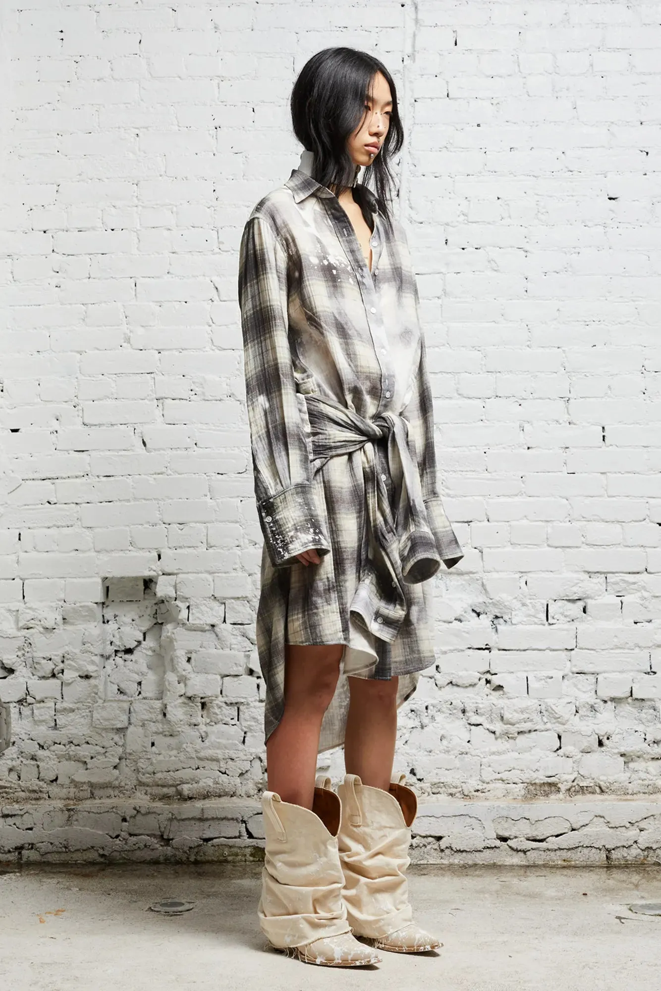 TIE SHIRTDRESS - BLEACHED GREY PLAID sold by R13 product image thumbnail 3