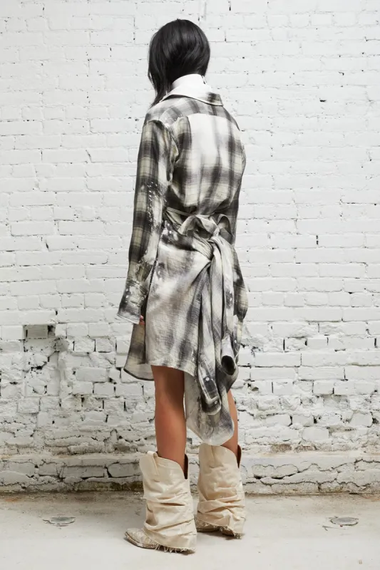 TIE SHIRTDRESS - BLEACHED GREY PLAID sold by R13