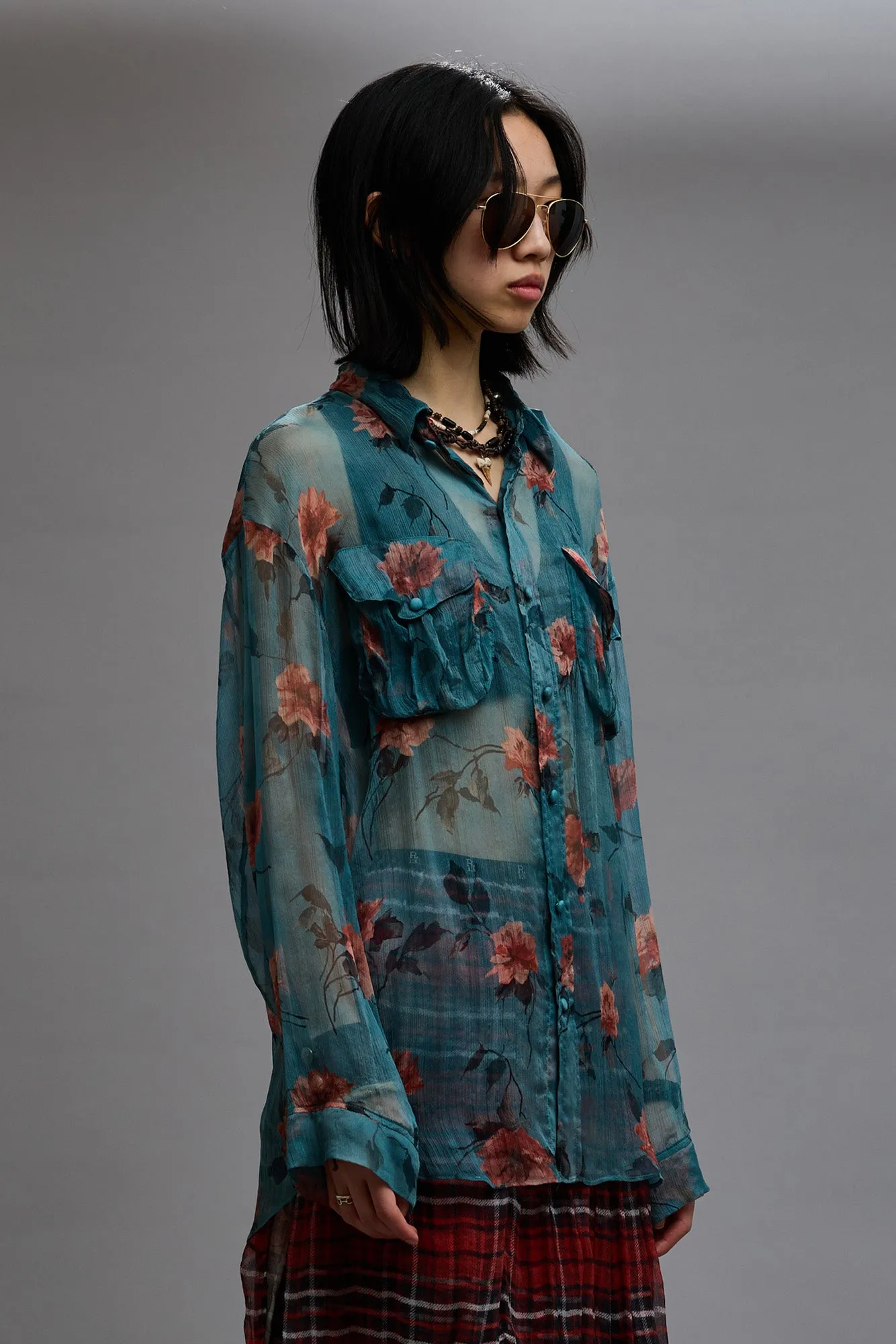 BELLOW POCKET RELAXED SHIRT - BLUE FLORAL sold by R13 product image thumbnail 4