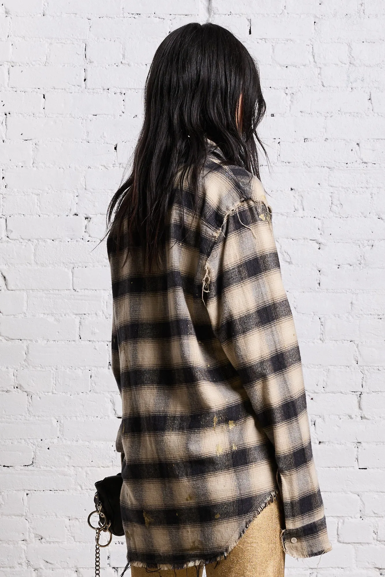 SHREDDED SEAM SHIRT - GOLD SPLATTERED BLACK PLAID sold by R13 product image thumbnail 5