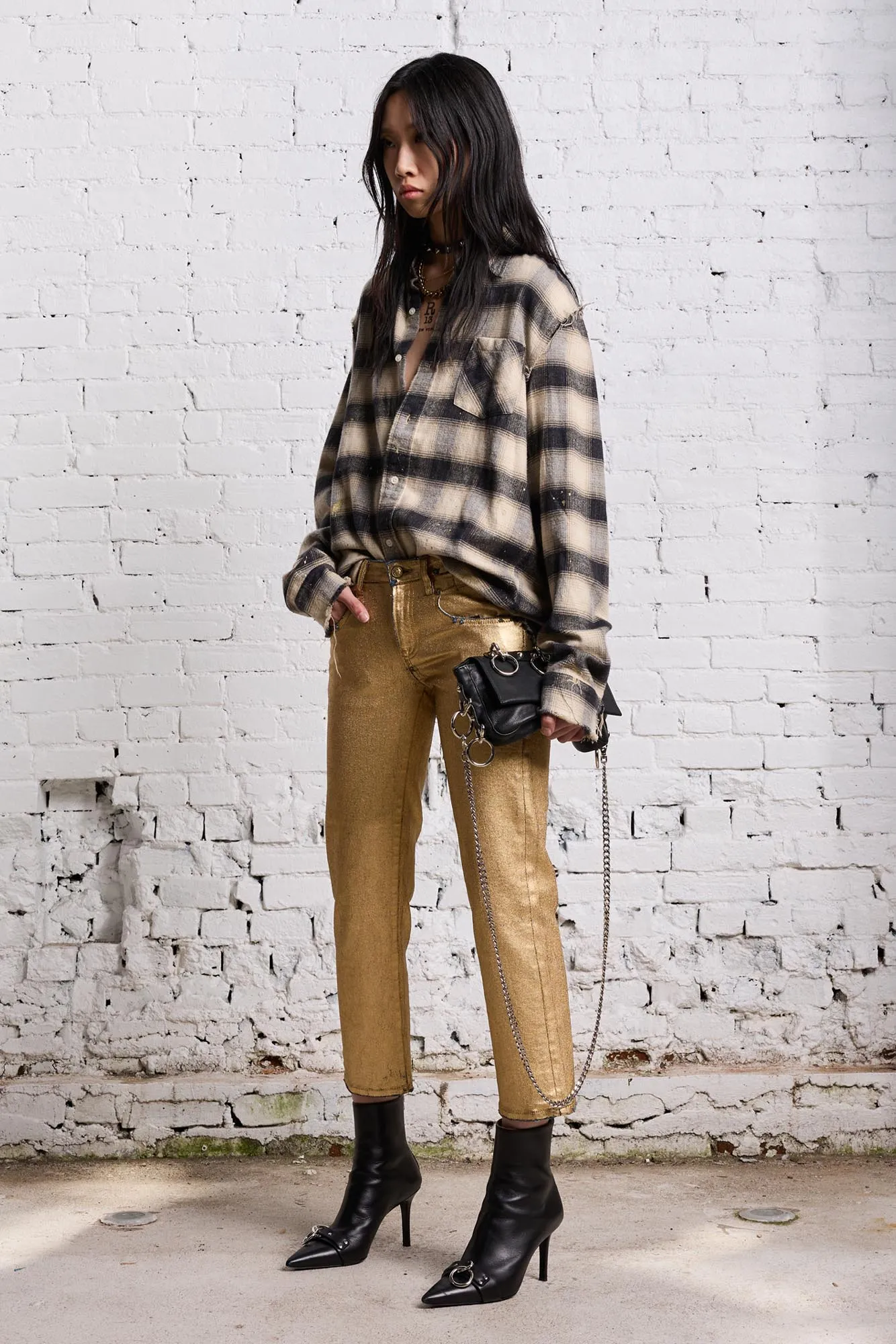 SHREDDED SEAM SHIRT - GOLD SPLATTERED BLACK PLAID sold by R13 product image thumbnail 2