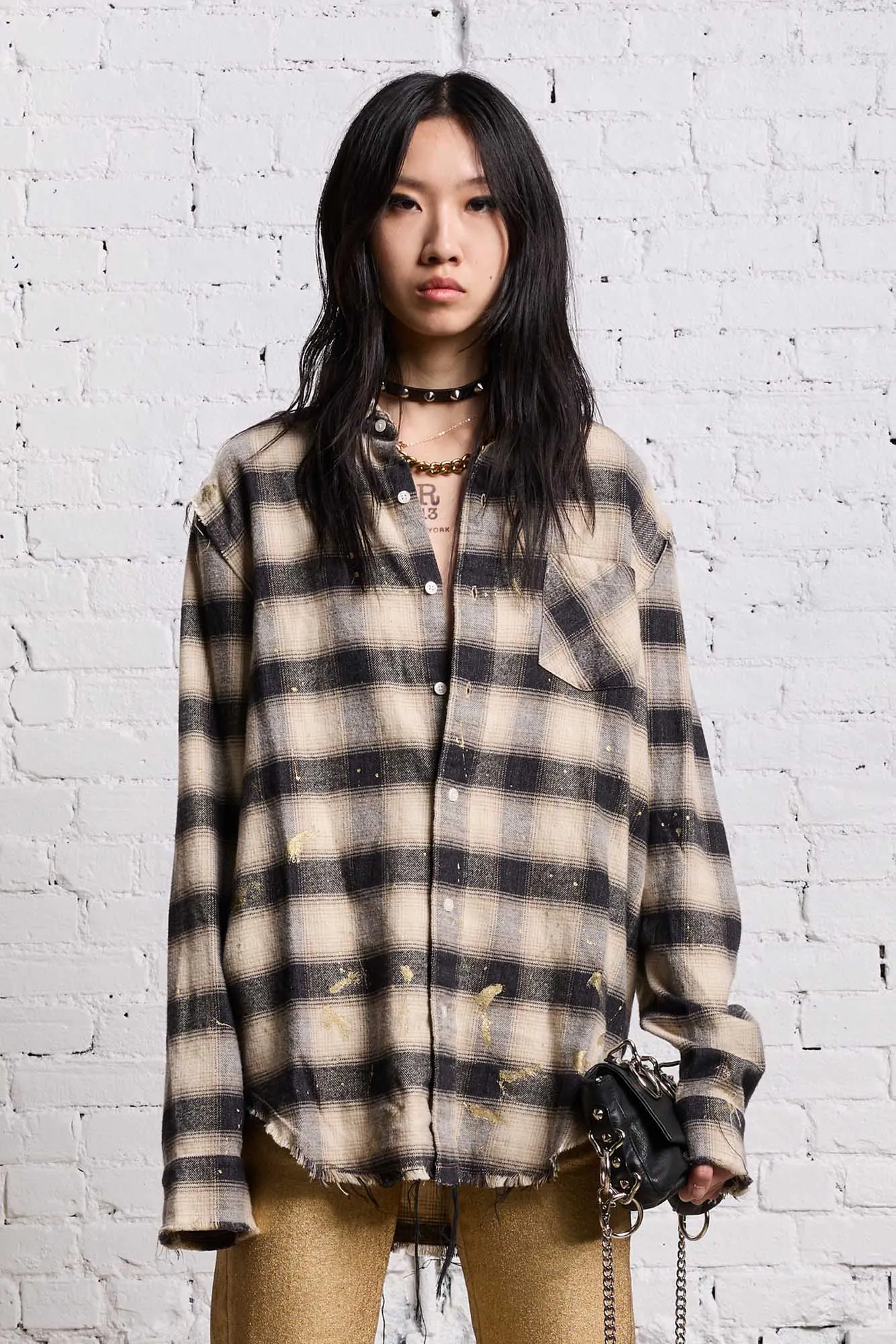 SHREDDED SEAM SHIRT - GOLD SPLATTERED BLACK PLAID sold by R13 product image thumbnail 3