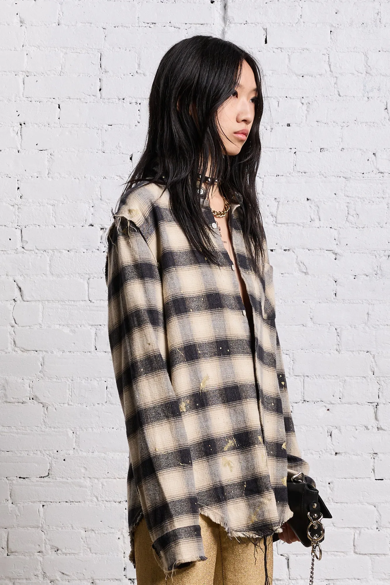 SHREDDED SEAM SHIRT - GOLD SPLATTERED BLACK PLAID sold by R13 product image thumbnail 4