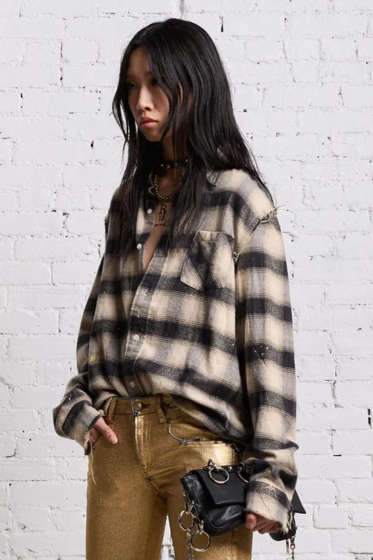 SHREDDED SEAM SHIRT - GOLD SPLATTERED BLACK PLAID sold by R13