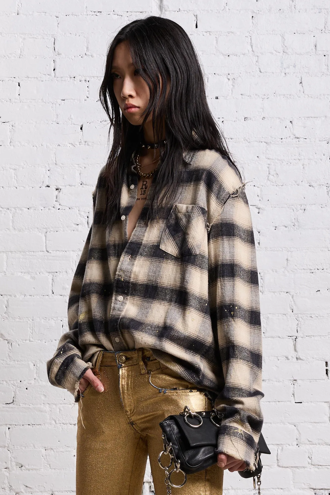SHREDDED SEAM SHIRT - GOLD SPLATTERED BLACK PLAID sold by R13