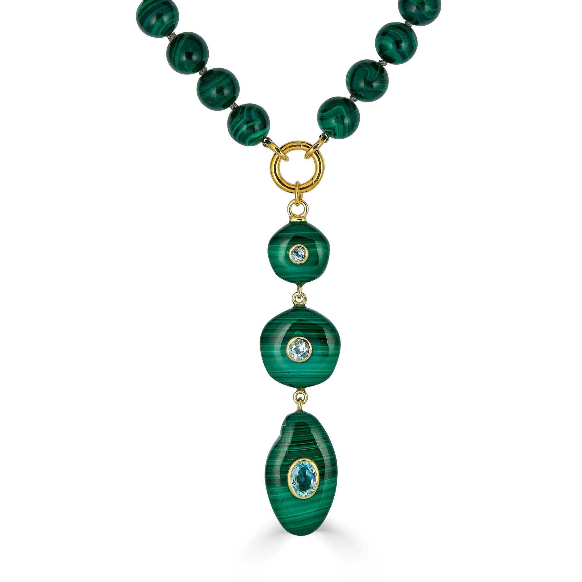 Malachite Silk-Knotted Necklace with Triple Drop Pendant sold by Rachel Reinhardt