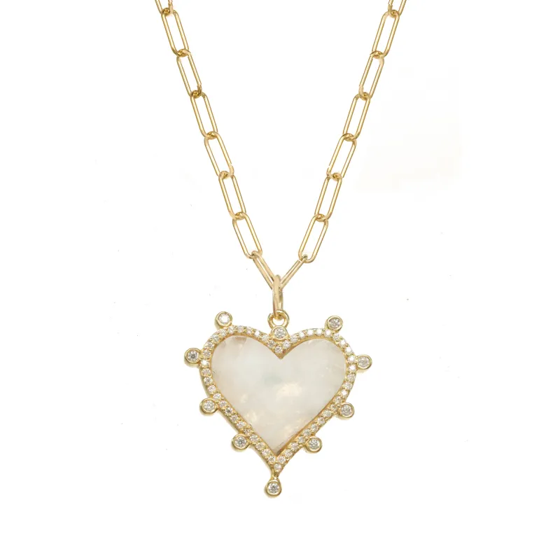 Moonstone Pavé Heart Pendant on Paperclip Chain sold by Rachel Reinhardt