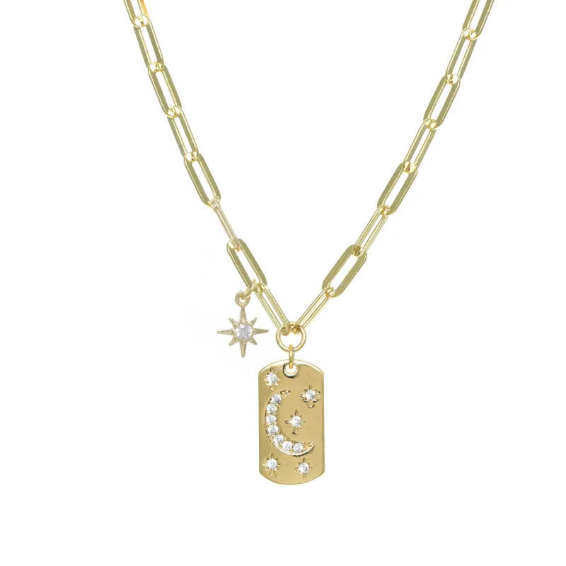 Paperclip Chain Necklace with Star and Moon Dog Tag sold by Rachel Reinhardt