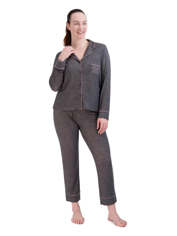 Women's "SLEEP" Long Sleeve Notch Collar Top and Tapered Pants Pajama Set sold by Rae Dunn