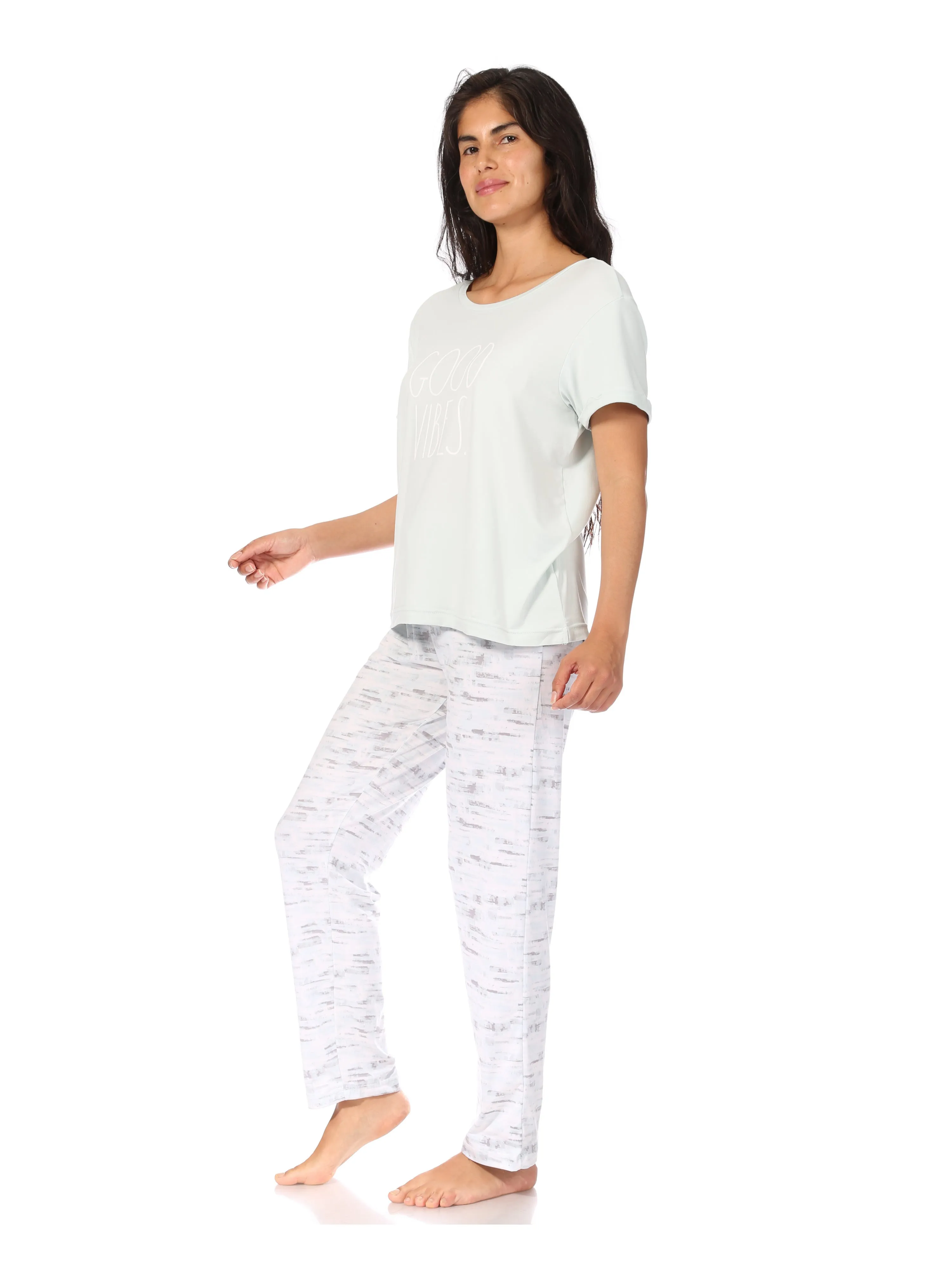 Women's "GOOD VIBES" Short Sleeve Top and Drawstring Pant Pajama Set sold by Rae Dunn product image thumbnail 4