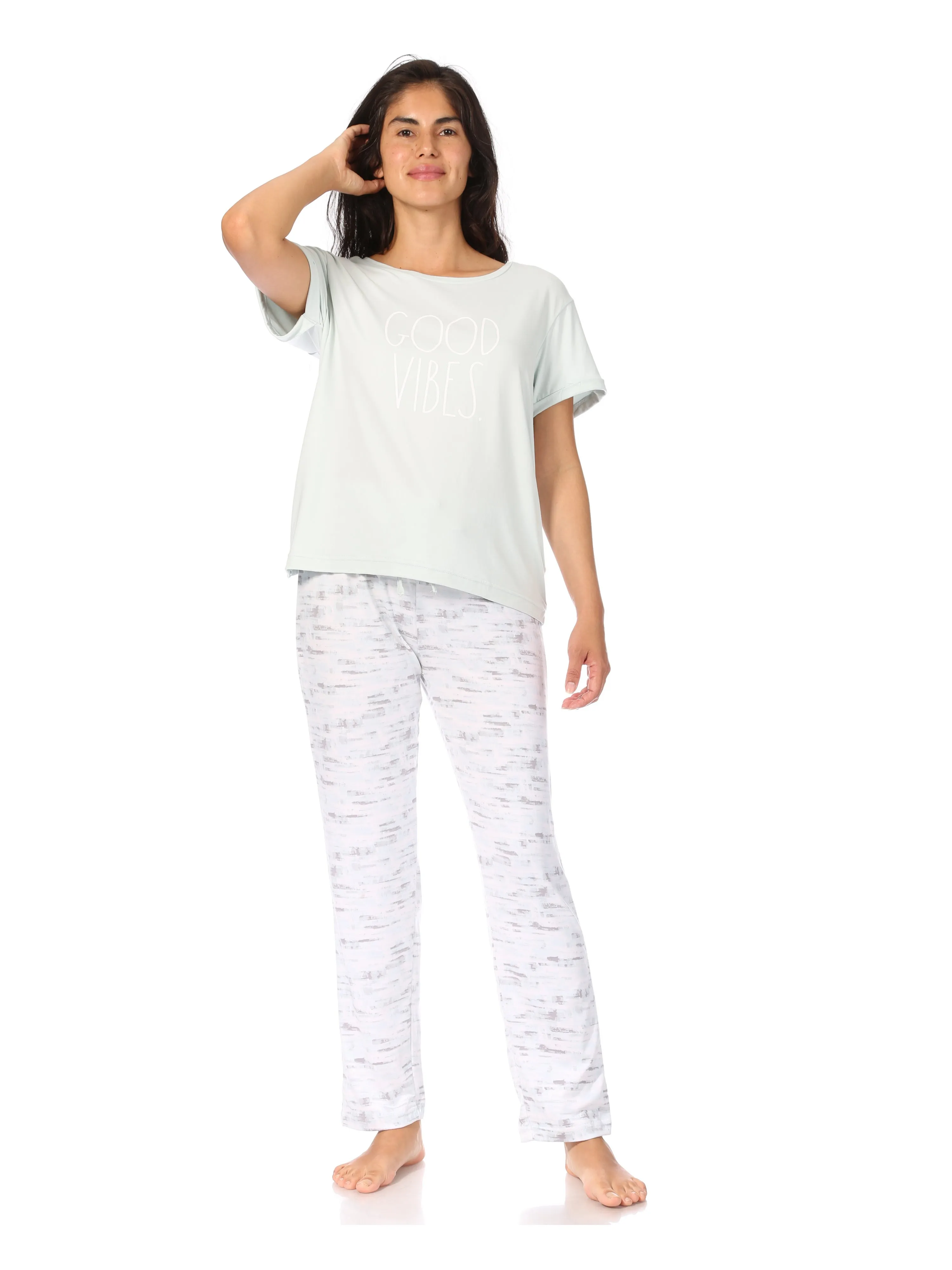 Women's "GOOD VIBES" Short Sleeve Top and Drawstring Pant Pajama Set sold by Rae Dunn