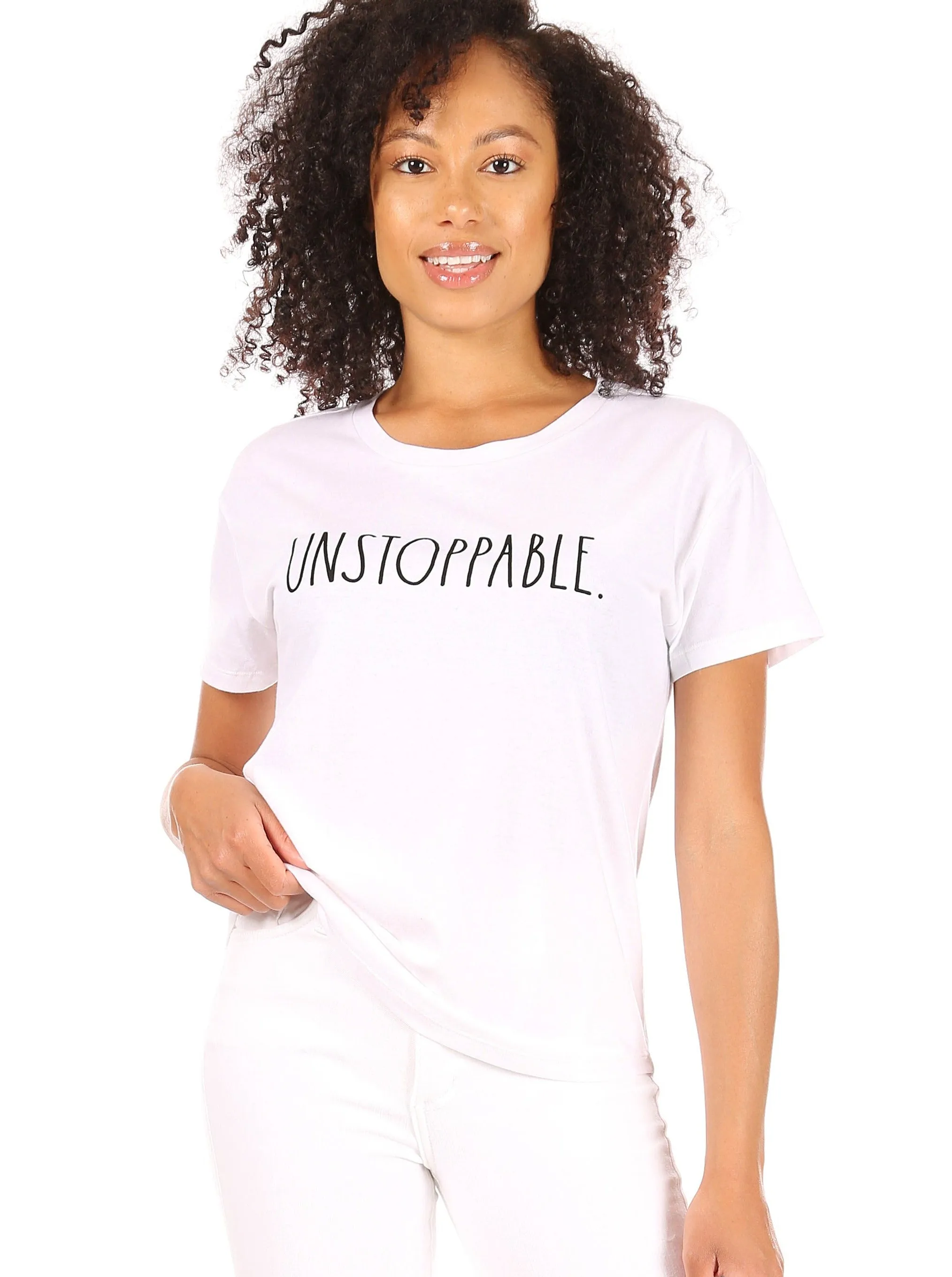 Women's "UNSTOPPABLE" Short Sleeve Shirttail Hem T-Shirt sold by Rae Dunn