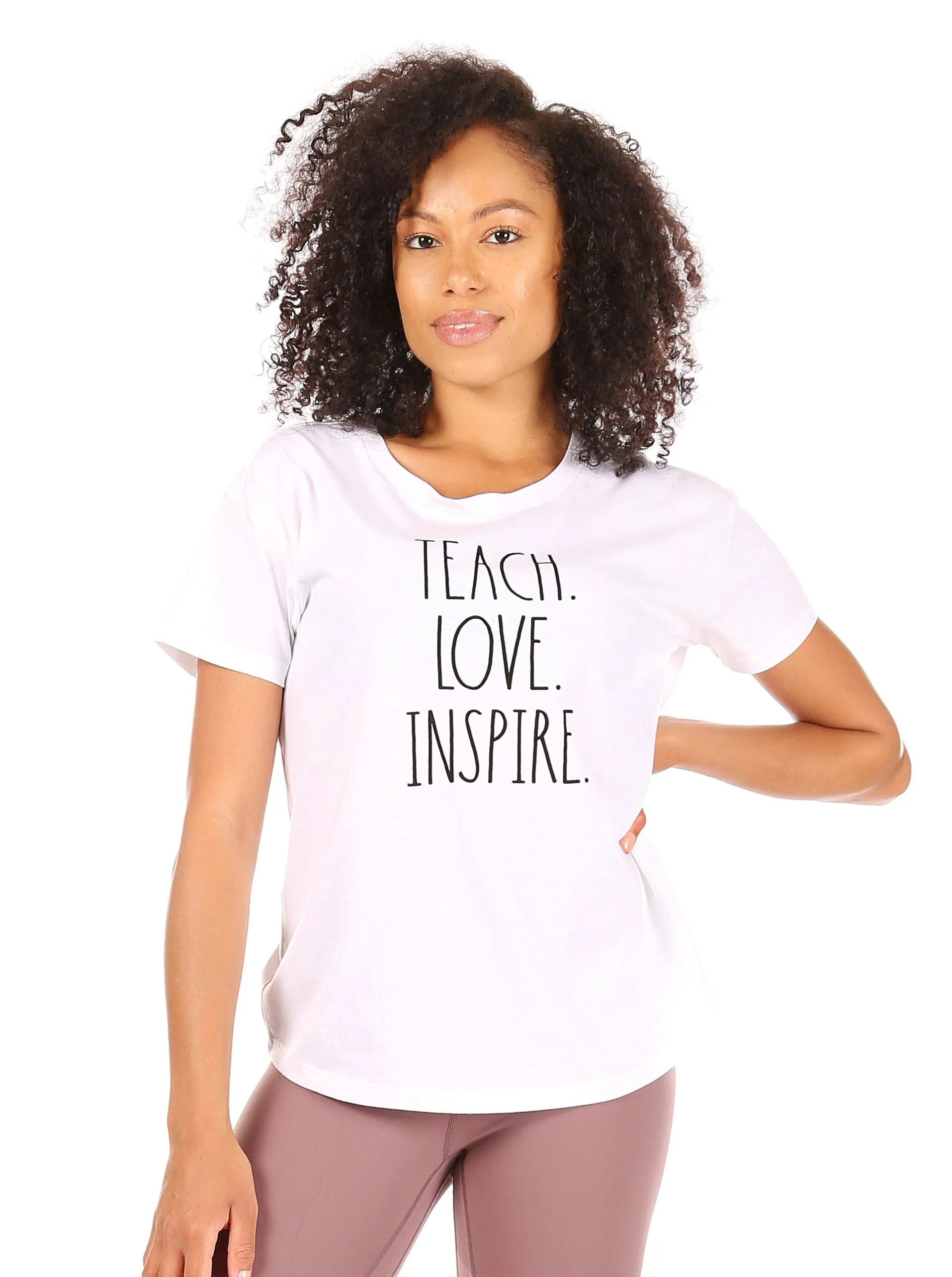 Women's "TEACH LOVE INSPIRE" Short Sleeve Shirttail Hem T-Shirt sold by Rae Dunn