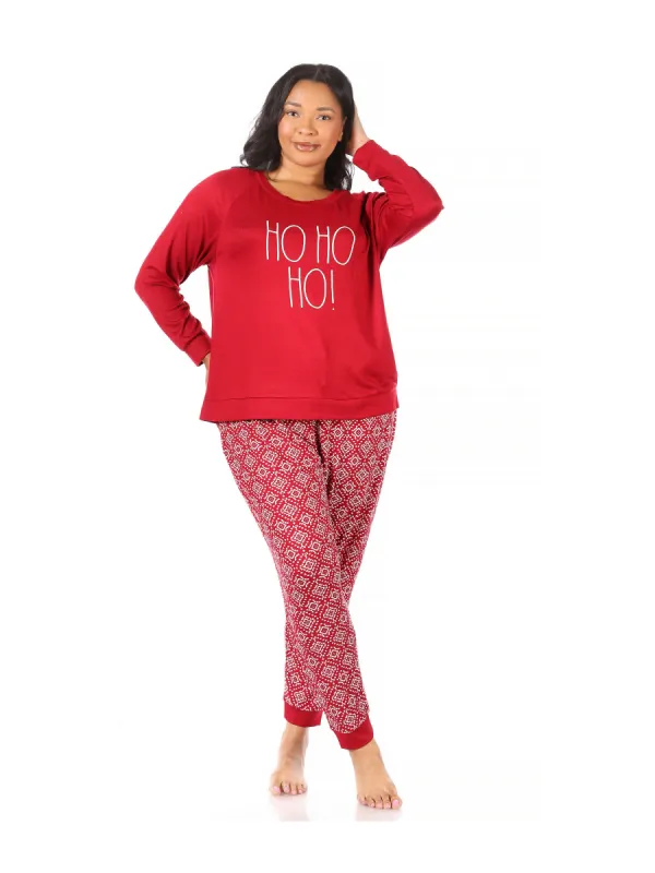 Women's "HO HO HO" Plus Size Hacci Long Sleeve Top and Jogger Pajama Set sold by Rae Dunn