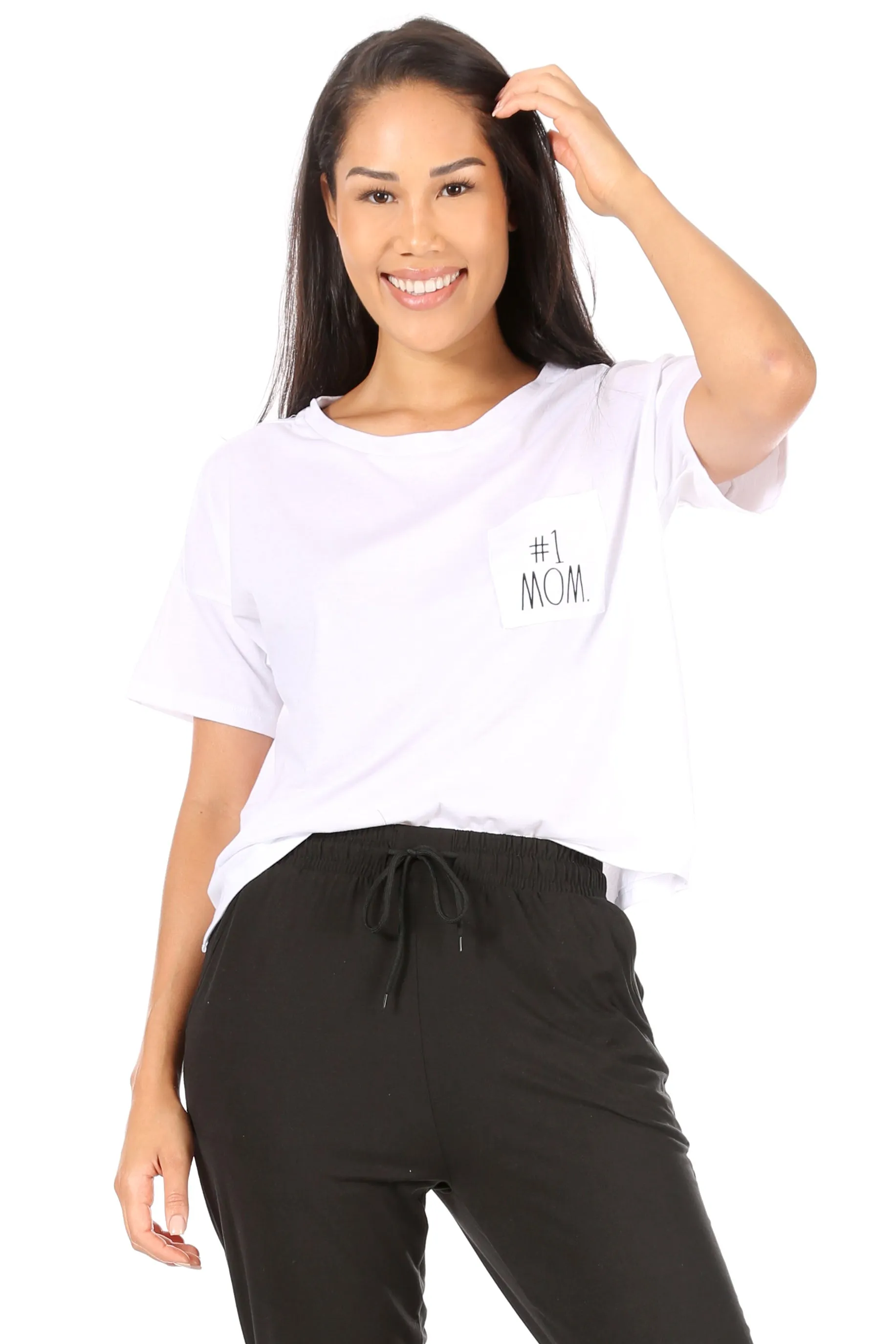 Women's "#1 MOM" Short Sleeve Boxy T-Shirt with Pocket sold by Rae Dunn product image thumbnail 2