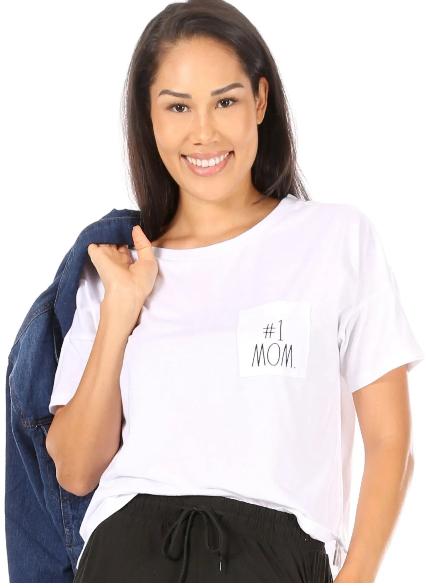 Women's "#1 MOM" Short Sleeve Boxy T-Shirt with Pocket sold by Rae Dunn