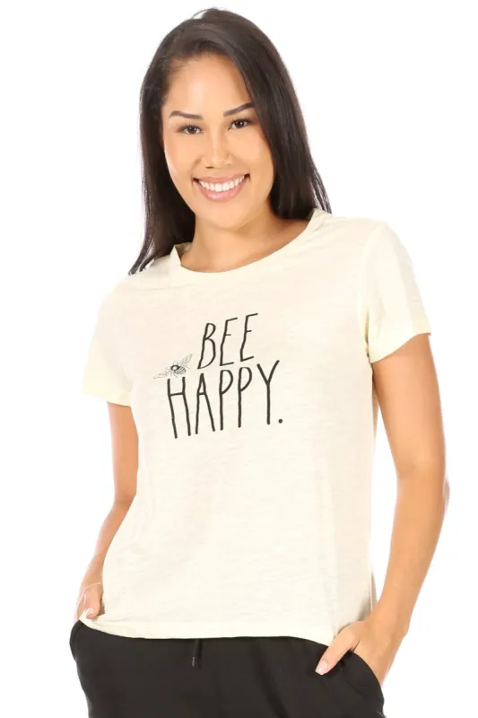 Women's "BEE HAPPY" Short Sleeve Classic Slub T-Shirt sold by Rae Dunn