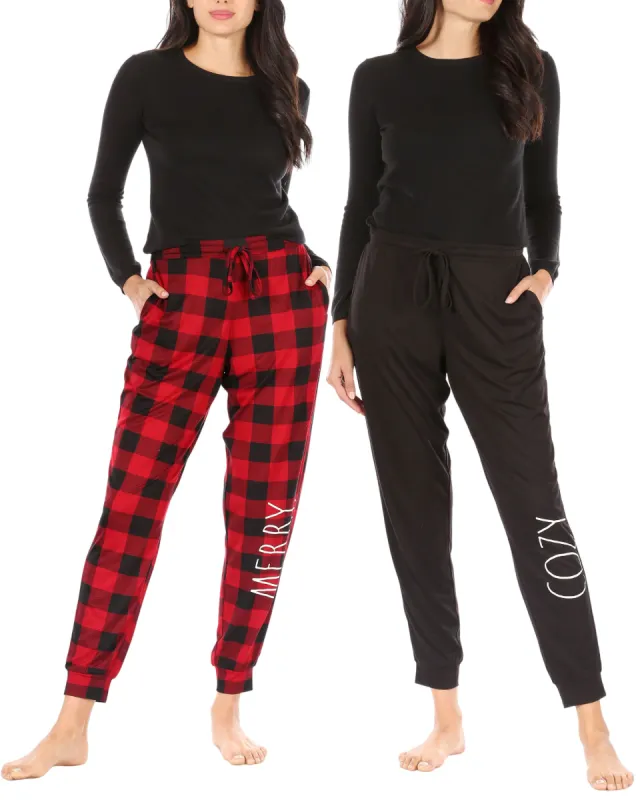 Women's 2-Pack Drawstring Jogger Set Plaid "MERRY" & Black "COZY" sold by Rae Dunn