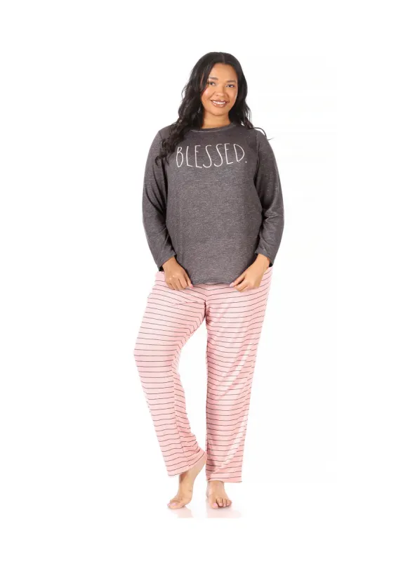 Women's Plus Size "BLESSED" Long Sleeve Top and Tapered Pant Pajama Set sold by Rae Dunn