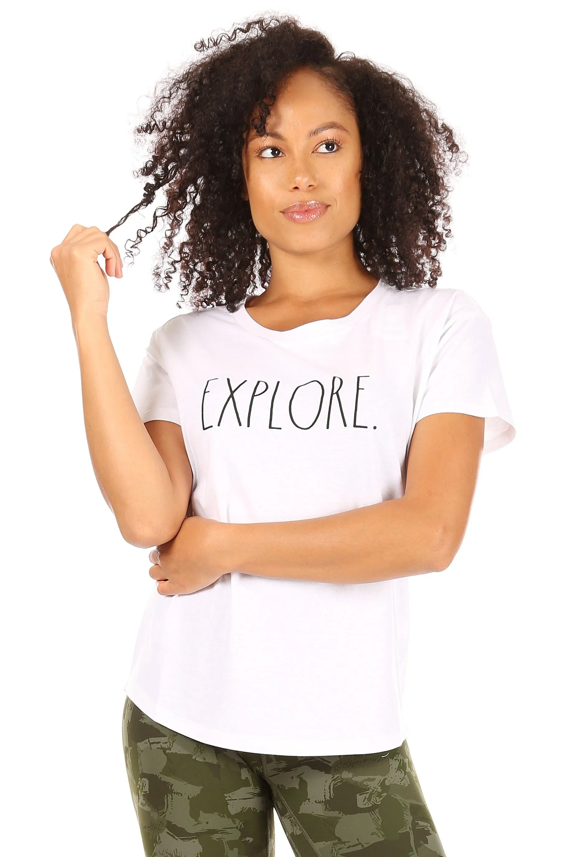 Women's "EXPLORE" Short Sleeve Shirttail Hem T-Shirt sold by Rae Dunn