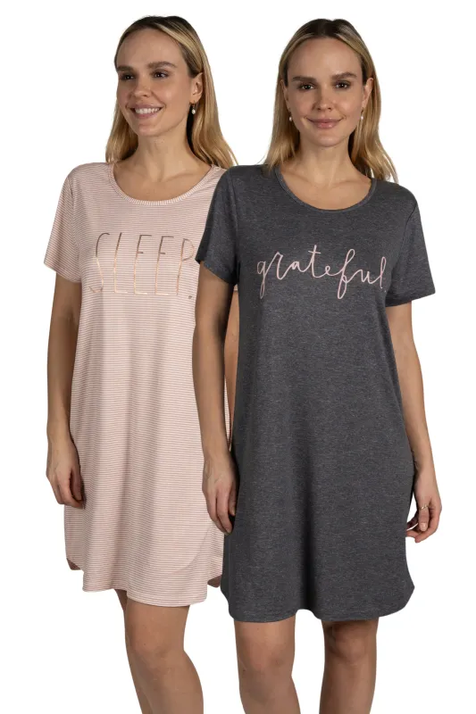 Women's 2-Pack Short Sleeve Shirttail Nightshirts Grey Pink "SLEEP" & "GRATEFUL" sold by Rae Dunn