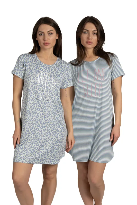Women's 2-Pack Short Sleeve Shirttail Nightshirts Blue "LET ME SLEEP" & "WILD ONE" sold by Rae Dunn