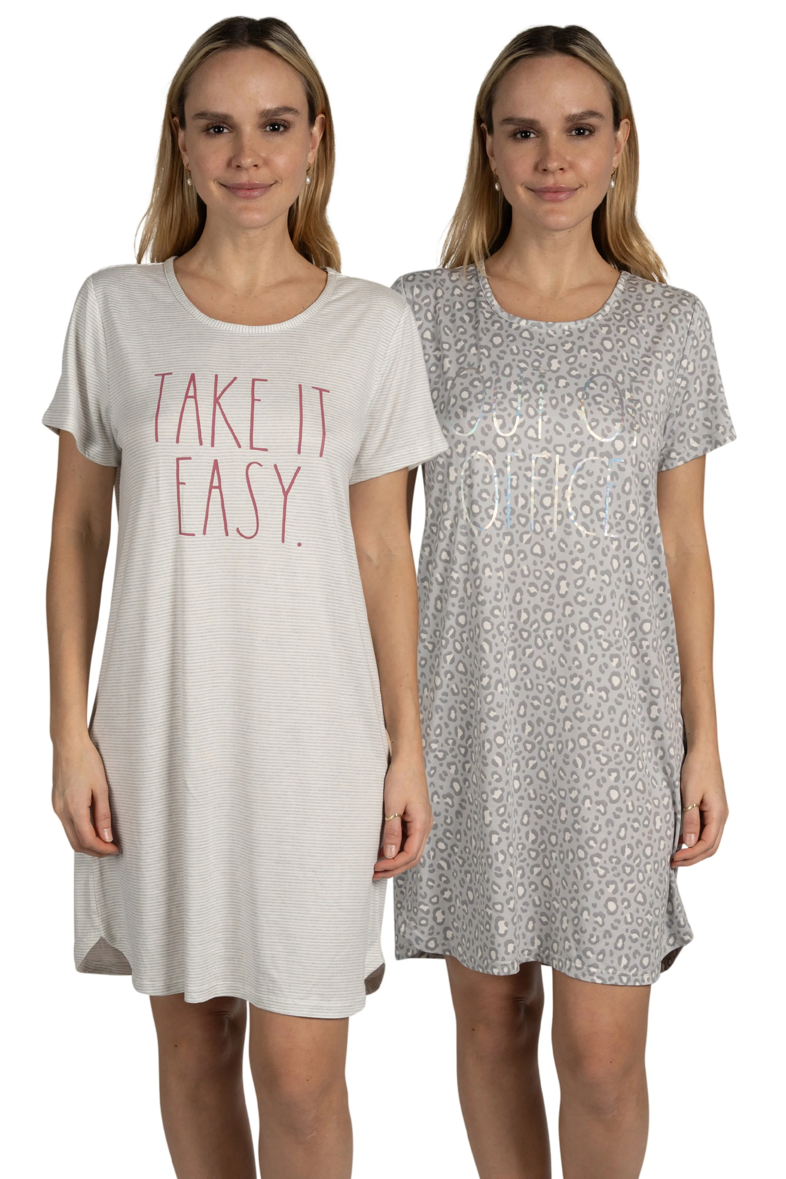 Women's 2-Pack Short Sleeve Shirttail Nightshirts Grey "OUT OF OFFICE" & "TAKE IT EASY" sold by Rae Dunn