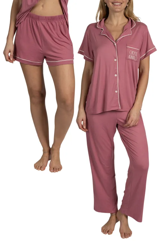 Women's "CHOOSE KINDNESS" 3-Piece Pajama Set Short Sleeve Notch Collar Top, Shorts, and Comfy Pants Pj Set sold by Rae Dunn