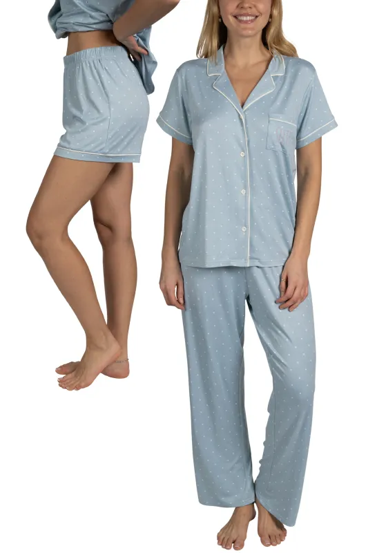 Women's "SLEEP" 3-Piece Pajama Set Short Sleeve Notch Collar Top, Shorts, and Comfy Pants Pj Set sold by Rae Dunn
