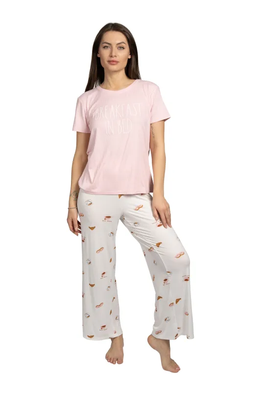 Women's "BREAKFAST IN BED" 2-Piece Short Sleeve Top and Wide Leg Ribbed Pants Pajama Set sold by Rae Dunn