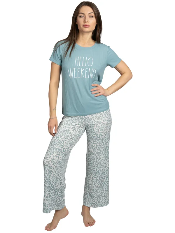 Women's "HELLO WEEKEND" 2-Piece Short Sleeve Top and Wide Leg Ribbed Pants Pajama Set sold by Rae Dunn